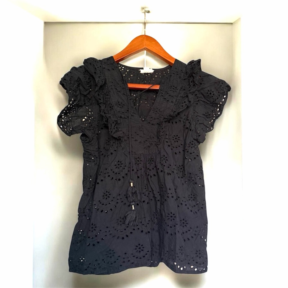 Artelier Eyelet Ruffle-Sleeve V-Neck Blouse with Tassel Tie